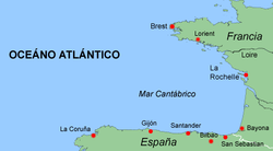 El mar Cantábrico en el océano Atlántico.
