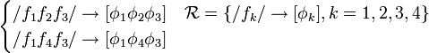 \begin{cases}
/f_1f_2f_3/ \to [\phi_1\phi_2\phi_3] & \mathcal{R}=\{/f_k/\to[\phi_k], k=1,2,3,4\}\\
/f_1f_4f_3/ \to [\phi_1\phi_4\phi_3] & \end{cases}
